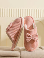 Chaussons en Peluche Côtelée Beige à Nœud