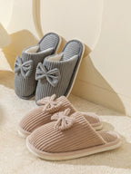 Chaussons en Peluche Côtelée Beige à Nœud