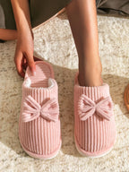 Chaussons en Peluche Côtelée Beige à Nœud
