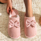 Chaussons en Peluche Côtelée Beige à Nœud