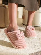 Chaussons en Peluche Côtelée Beige à Nœud
