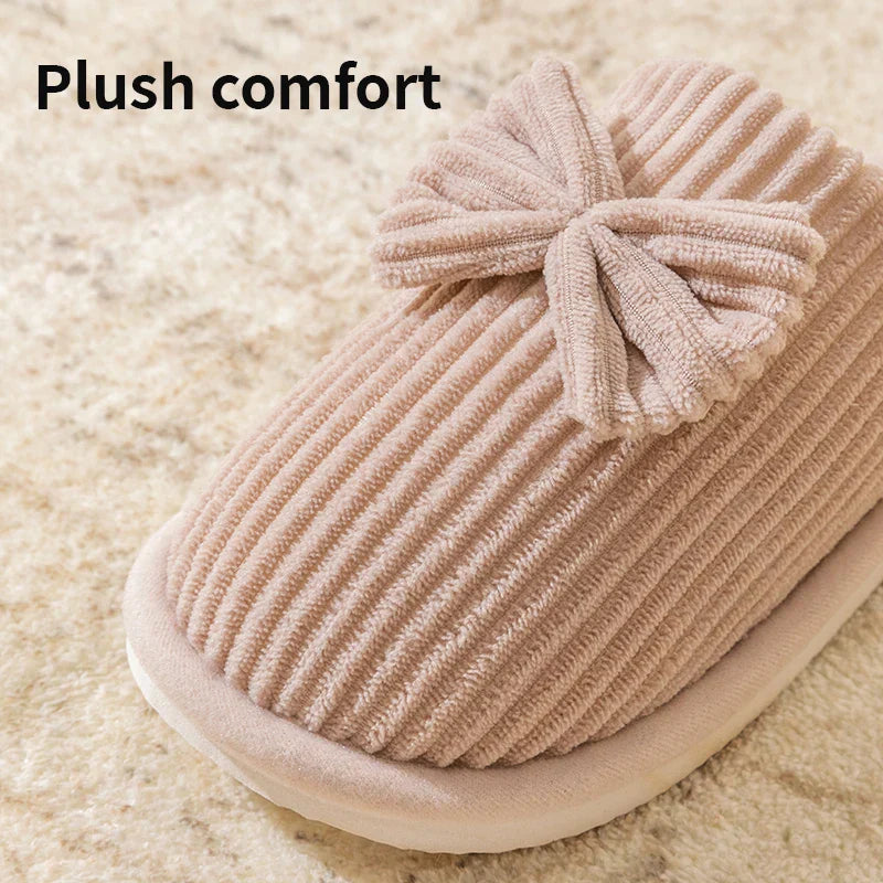 Chaussons en Peluche Côtelée Beige à Nœud