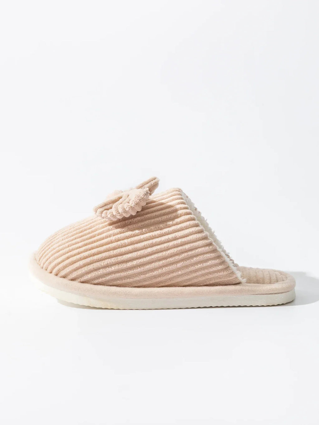Chaussons en Peluche Côtelée Beige à Nœud